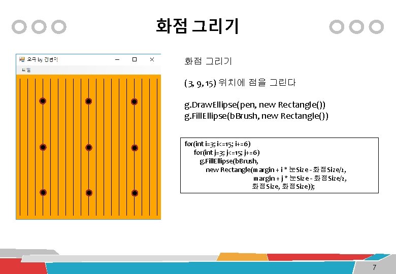 화점 그리기 (3, 9, 15) 위치에 점을 그린다 g. Draw. Ellipse(pen, new Rectangle()) g.