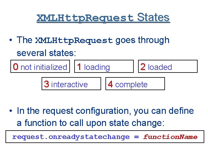 XMLHttp. Request States • The XMLHttp. Request goes through several states: 0 not initialized