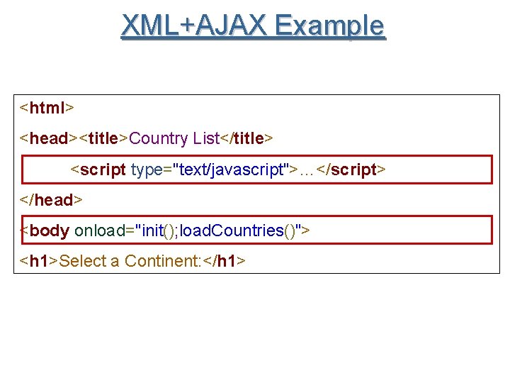 XML+AJAX Example <html> <head><title>Country List</title> <script type="text/javascript">…</script> </head> <body onload="init(); load. Countries()"> <h 1>Select
