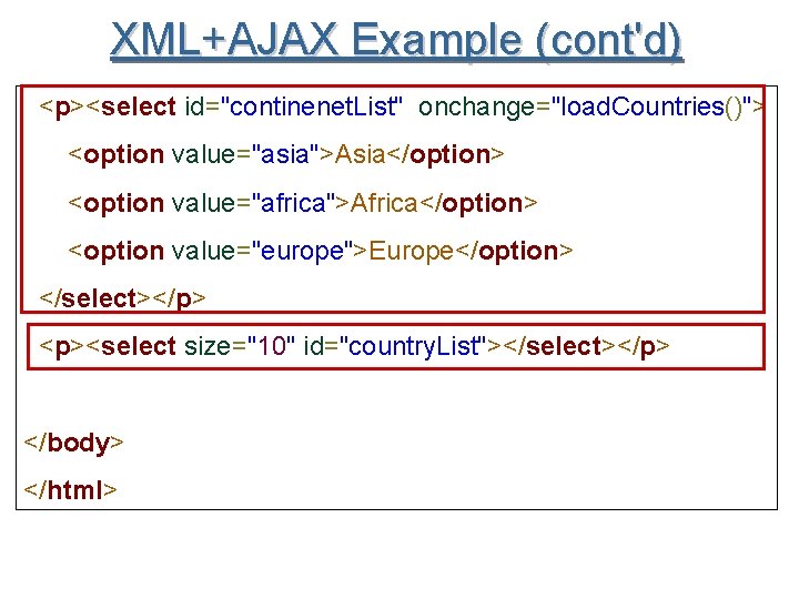 XML+AJAX Example (cont'd) <p><select id="continenet. List" onchange="load. Countries()"> <option value="asia">Asia</option> <option value="africa">Africa</option> <option value="europe">Europe</option>