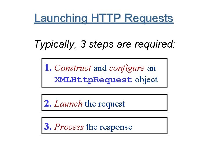 Launching HTTP Requests Typically, 3 steps are required: 1. Construct and configure an XMLHttp.