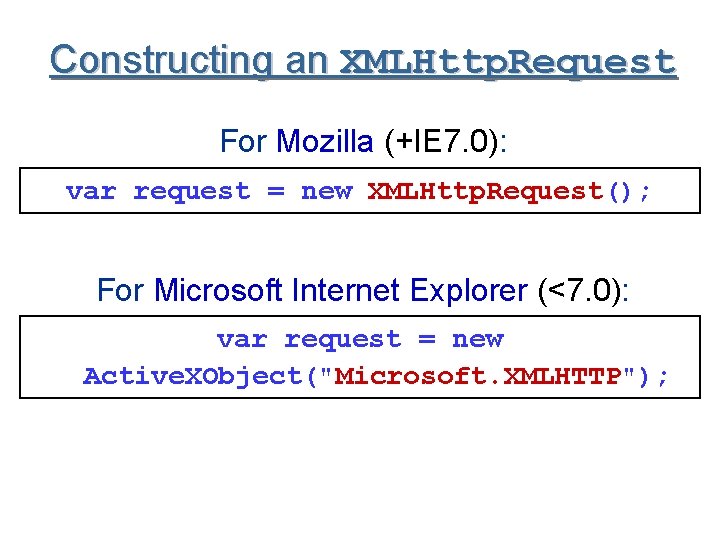 Constructing an XMLHttp. Request For Mozilla (+IE 7. 0): var request = new XMLHttp.