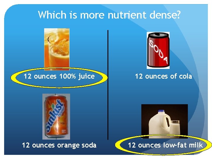 Which is more nutrient dense? 12 ounces 100% juice 12 ounces of cola 12