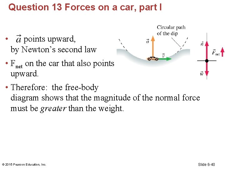 Question 13 Forces on a car, part I • points upward, by Newton’s second