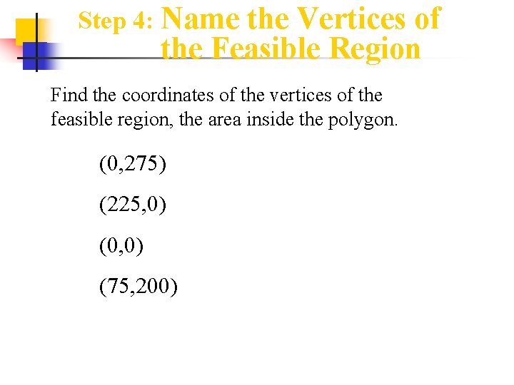 Step 4: Name the Vertices of the Feasible Region Find the coordinates of the