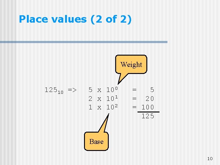 Place values (2 of 2) Weight 12510 => 5 x 100 2 x 101 Place values (2 of 2) Weight 12510 => 5 x 100 2 x 101