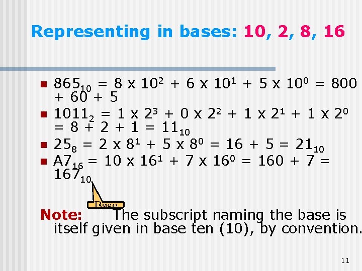 Representing in bases: 10, 2, 8, 16 n n 86510 = 8 x 102 Representing in bases: 10, 2, 8, 16 n n 86510 = 8 x 102