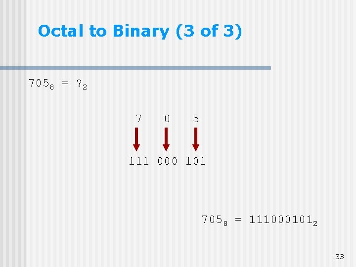 Octal to Binary (3 of 3) 7058 = ? 2 7 0 5 111 Octal to Binary (3 of 3) 7058 = ? 2 7 0 5 111