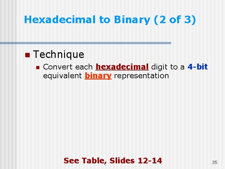 Hexadecimal to Binary (2 of 3) n Technique n Convert each hexadecimal digit to Hexadecimal to Binary (2 of 3) n Technique n Convert each hexadecimal digit to