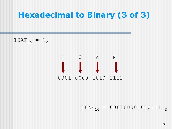 Hexadecimal to Binary (3 of 3) 10 AF 16 = ? 2 1 0 Hexadecimal to Binary (3 of 3) 10 AF 16 = ? 2 1 0