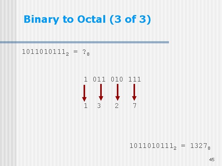 Binary to Octal (3 of 3) 10110101112 = ? 8 1 010 111 1 Binary to Octal (3 of 3) 10110101112 = ? 8 1 010 111 1