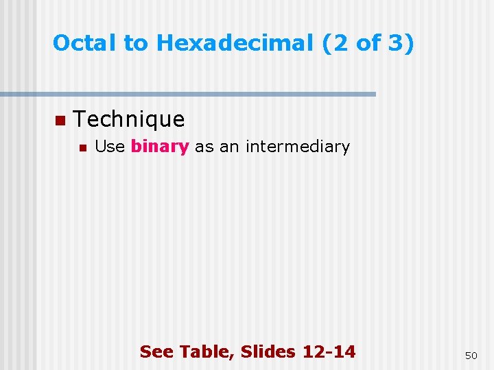 Octal to Hexadecimal (2 of 3) n Technique n Use binary as an intermediary Octal to Hexadecimal (2 of 3) n Technique n Use binary as an intermediary