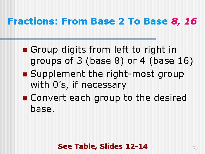 Fractions: From Base 2 To Base 8, 16 Group digits from left to right Fractions: From Base 2 To Base 8, 16 Group digits from left to right