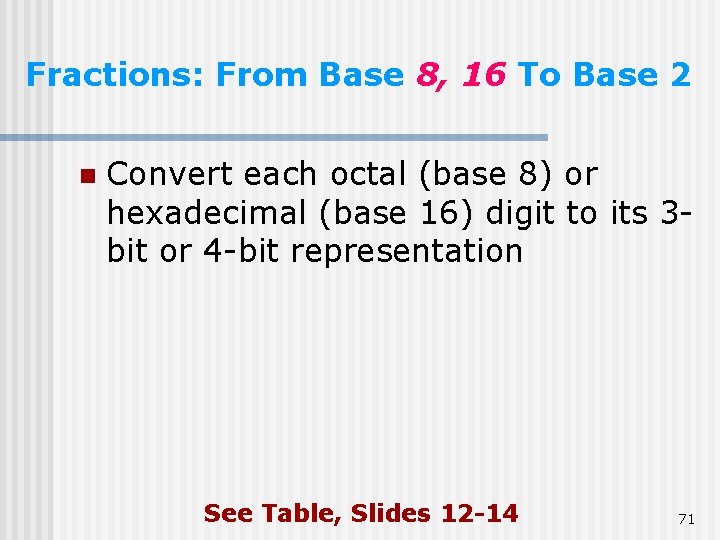 Fractions: From Base 8, 16 To Base 2 n Convert each octal (base 8) Fractions: From Base 8, 16 To Base 2 n Convert each octal (base 8)