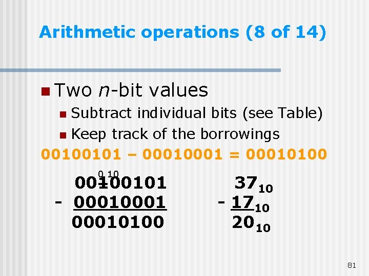 Arithmetic operations (8 of 14) n Two n-bit values Subtract individual bits (see Table) Arithmetic operations (8 of 14) n Two n-bit values Subtract individual bits (see Table)