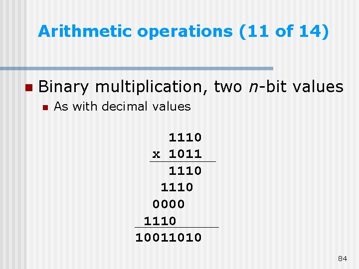 Arithmetic operations (11 of 14) n Binary multiplication, two n-bit values n As with Arithmetic operations (11 of 14) n Binary multiplication, two n-bit values n As with
