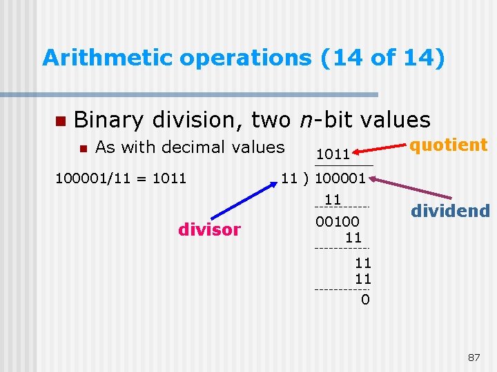 Arithmetic operations (14 of 14) n Binary division, two n-bit values n As with Arithmetic operations (14 of 14) n Binary division, two n-bit values n As with