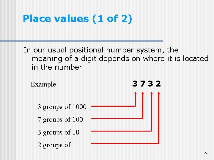 Place values (1 of 2) In our usual positional number system, the meaning of Place values (1 of 2) In our usual positional number system, the meaning of