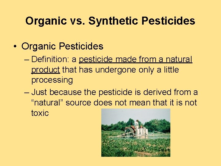 Organic vs. Synthetic Pesticides • Organic Pesticides – Definition: a pesticide made from a