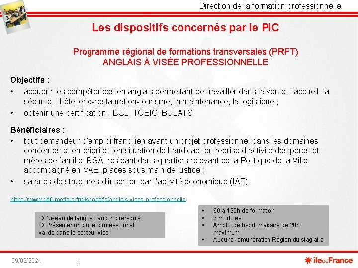 Direction de la formation professionnelle Ple Dveloppement Economique