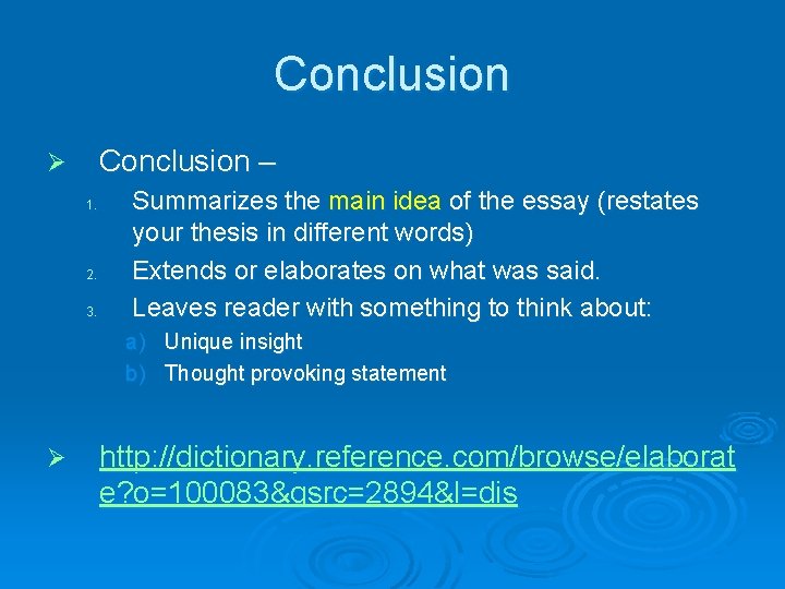 Conclusion – Ø 1. 2. 3. Summarizes the main idea of the essay (restates