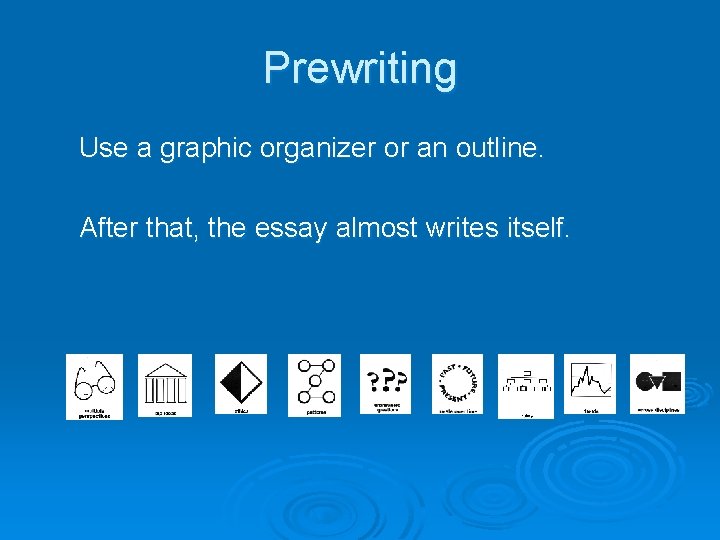 Prewriting Use a graphic organizer or an outline. After that, the essay almost writes