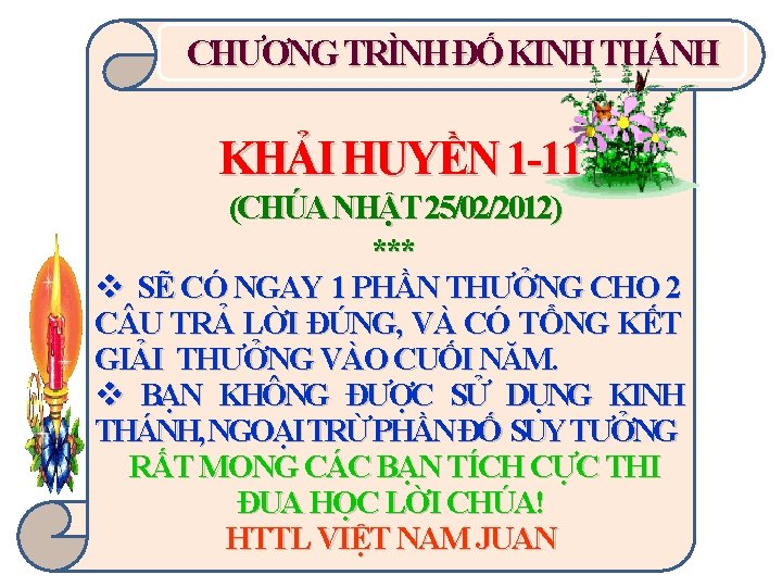 CHƯƠNG TRÌNH ĐỐ KINH THÁNH KHẢI HUYỀN 1 -11 (CHÚA NHẬT 25/02/2012) *** v