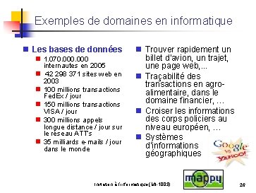 Exemples de domaines en informatique n Les bases de données n 1. 070. 000