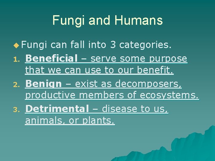 Fungi and Humans u Fungi 1. 2. 3. can fall into 3 categories. Beneficial