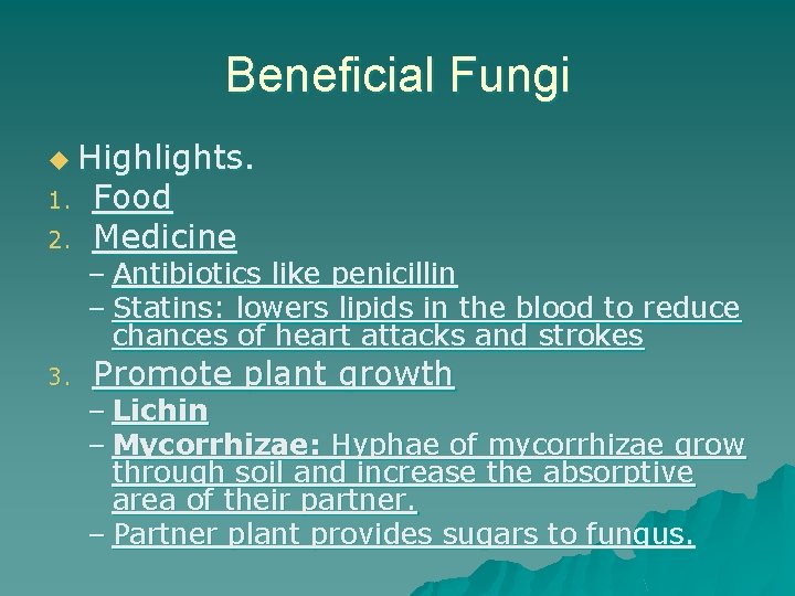 Beneficial Fungi u Highlights. 1. 2. 3. Food Medicine – Antibiotics like penicillin –