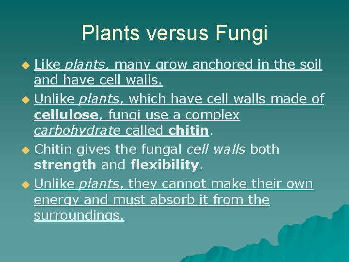 Plants versus Fungi Like plants, many grow anchored in the soil and have cell