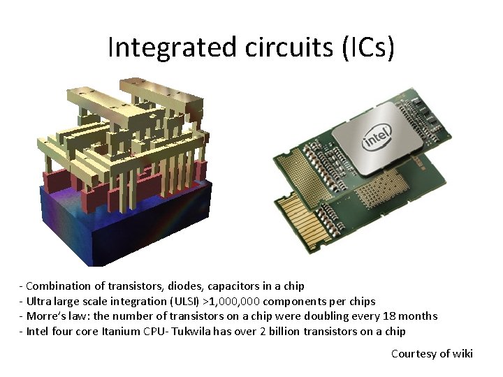 Integrated circuits (ICs) - Combination of transistors, diodes, capacitors in a chip - Ultra