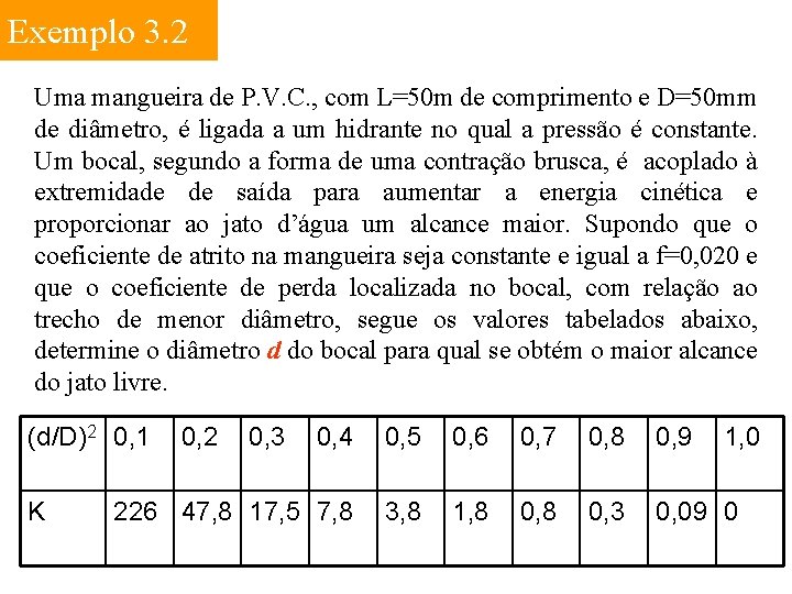 Exemplo 3. 2 Uma mangueira de P. V. C. , com L=50 m de