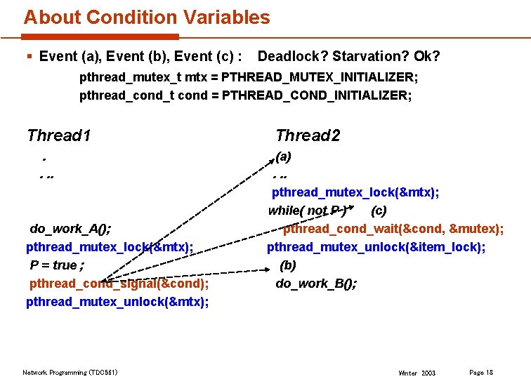 About Condition Variables § Event (a), Event (b), Event (c) : Deadlock? Starvation? Ok?