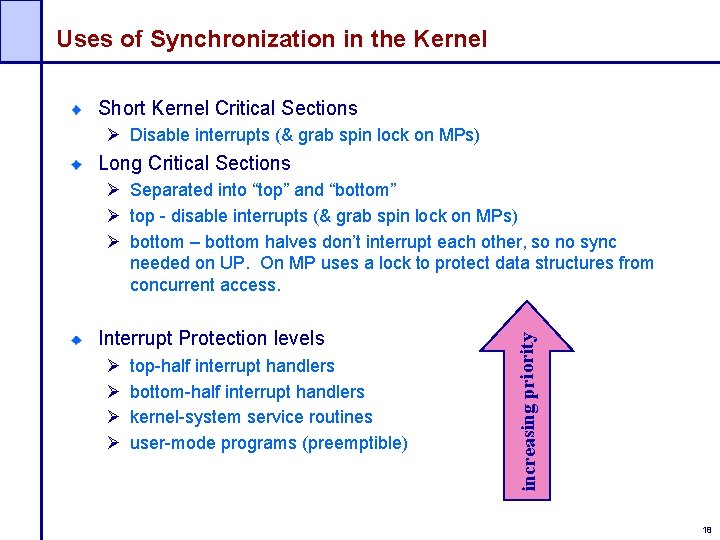 Uses of Synchronization in the Kernel Short Kernel Critical Sections Ø Disable interrupts (&