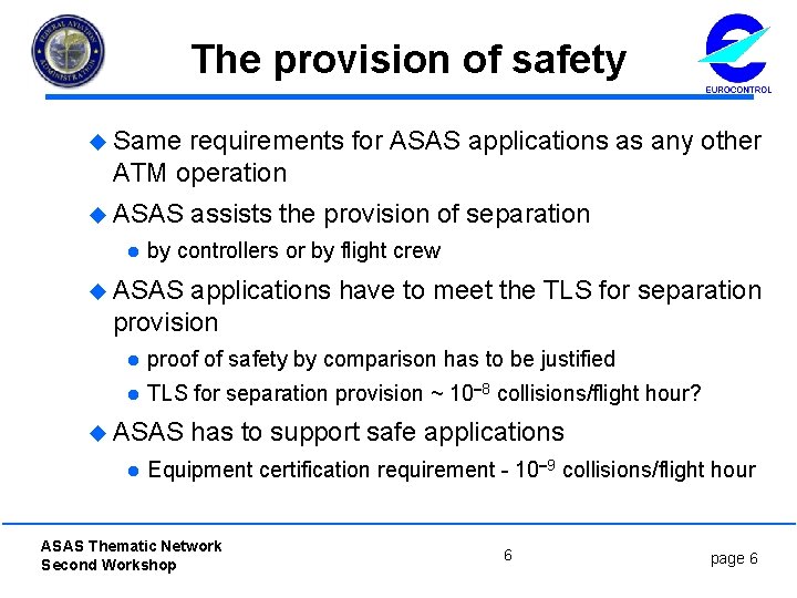 The provision of safety u Same requirements for ASAS applications as any other ATM