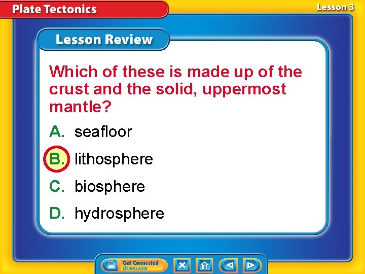 Which of these is made up of the crust and the solid, uppermost mantle?