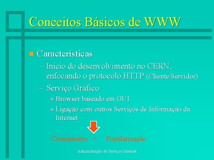 Conceitos Básicos de WWW n Características – Início do desenvolvimento no CERN, enfocando o