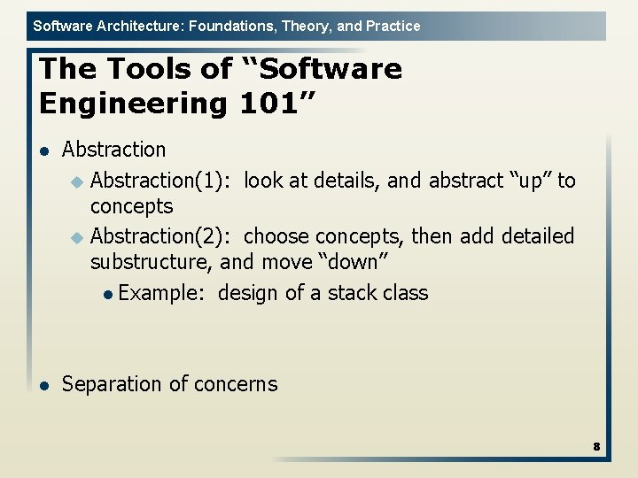 Software Architecture: Foundations, Theory, and Practice The Tools of “Software Engineering 101” l Abstraction