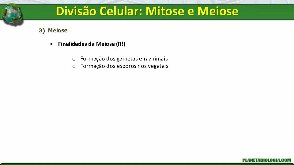 Divisão Celular: Mitose e Meiose 3) Meiose § Finalidades da Meiose (R!) o Formação