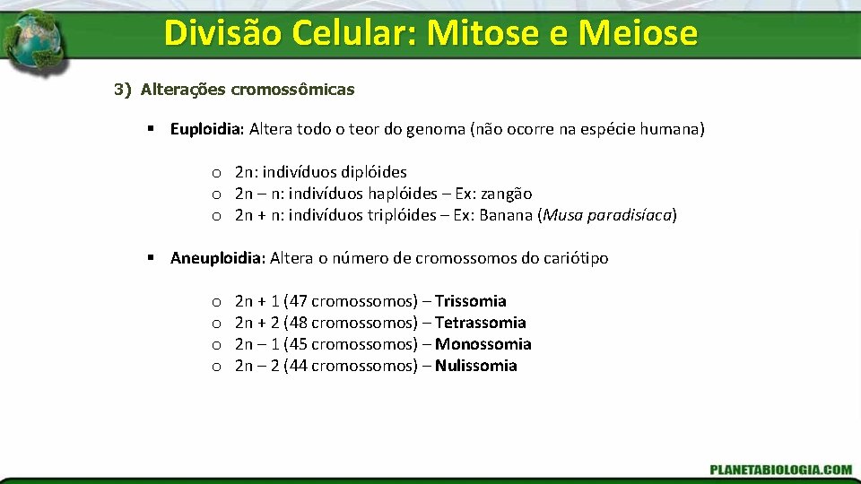Divisão Celular: Mitose e Meiose 3) Alterações cromossômicas § Euploidia: Altera todo o teor