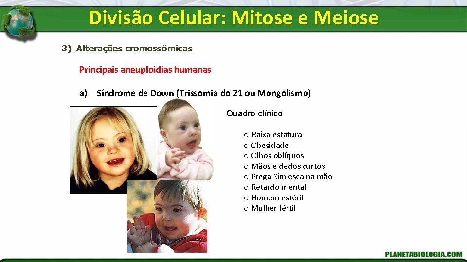 Divisão Celular: Mitose e Meiose 3) Alterações cromossômicas Principais aneuploidias humanas a) Síndrome de