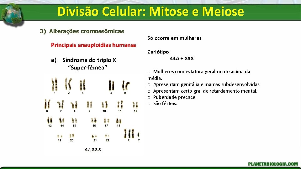 Divisão Celular: Mitose e Meiose 3) Alterações cromossômicas Principais aneuploidias humanas e) Síndrome do