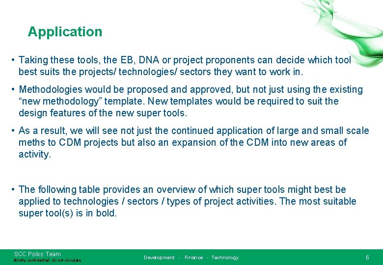 Application • Taking these tools, the EB, DNA or project proponents can decide which