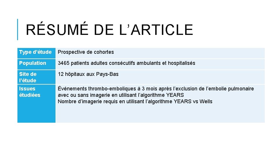 RÉSUMÉ DE L’ARTICLE Type d’étude Prospective de cohortes Population 3465 patients adultes consécutifs ambulants