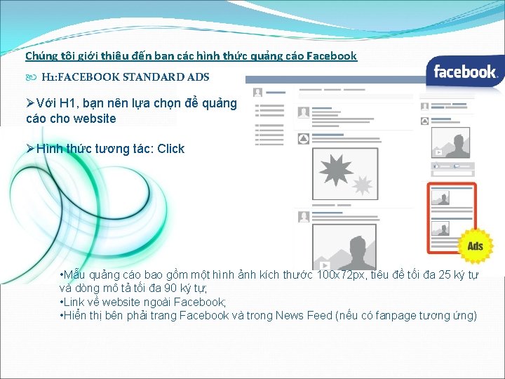 Chúng tôi giới thiệu đến bạn các hình thức quảng cáo Facebook H 1: