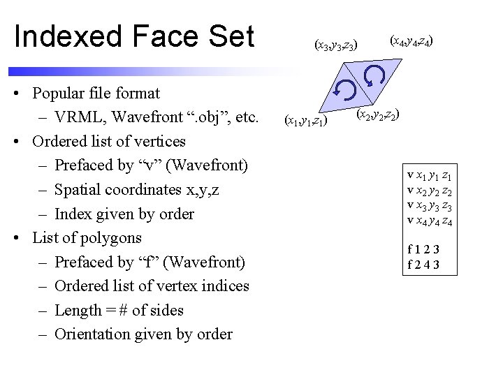 Indexed Face Set • Popular file format – VRML, Wavefront “. obj”, etc. •