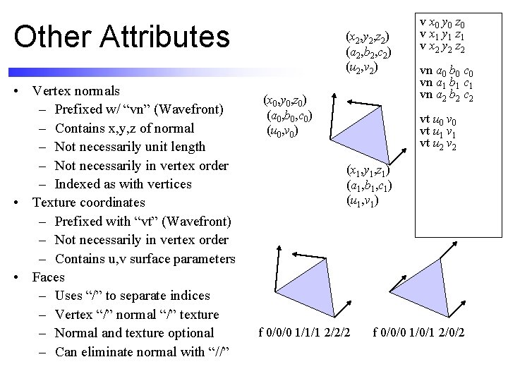 Other Attributes • Vertex normals – Prefixed w/ “vn” (Wavefront) – Contains x, y,