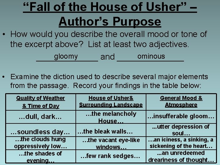 “Fall of the House of Usher” – Author’s Purpose • How would you describe