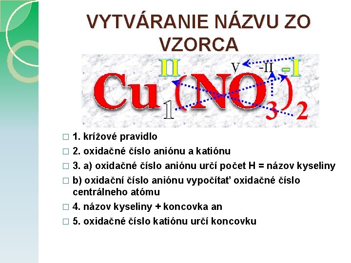 VYTVÁRANIE NÁZVU ZO VZORCA 1. krížové pravidlo � 2. oxidačné číslo aniónu a katiónu